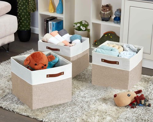 DECOMOMO Kallax Storage Cubes - 13x15x13 Organizing Bins in Beige & White | 3-Pack for Easy Shelving
