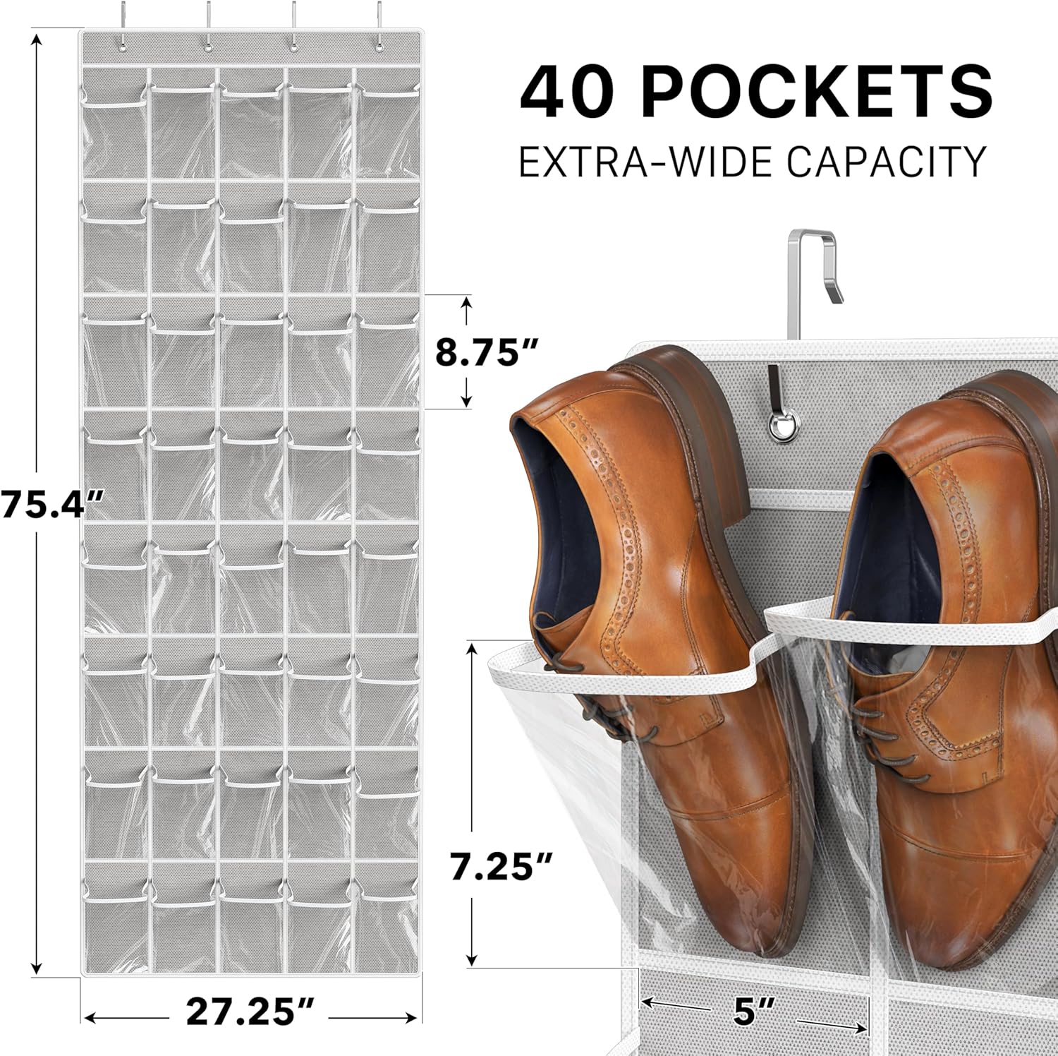 Simple Houseware Over The Door Shoe Organizer - 40 Large Clear Pockets, Gray (75.4'' x 27.25'')