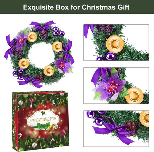 Fovths 12-Inch Christmas Advent Wreath - Flameless Taper Candles with Remote Control | Purple Centerpiece Decor