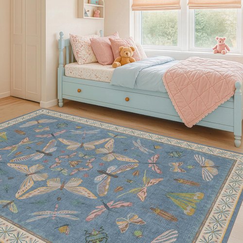 Blue Washable Kids Playroom Rug - Super Soft 5x7 Area Rug with Cute Animal Print for Nursery & Toddler Room