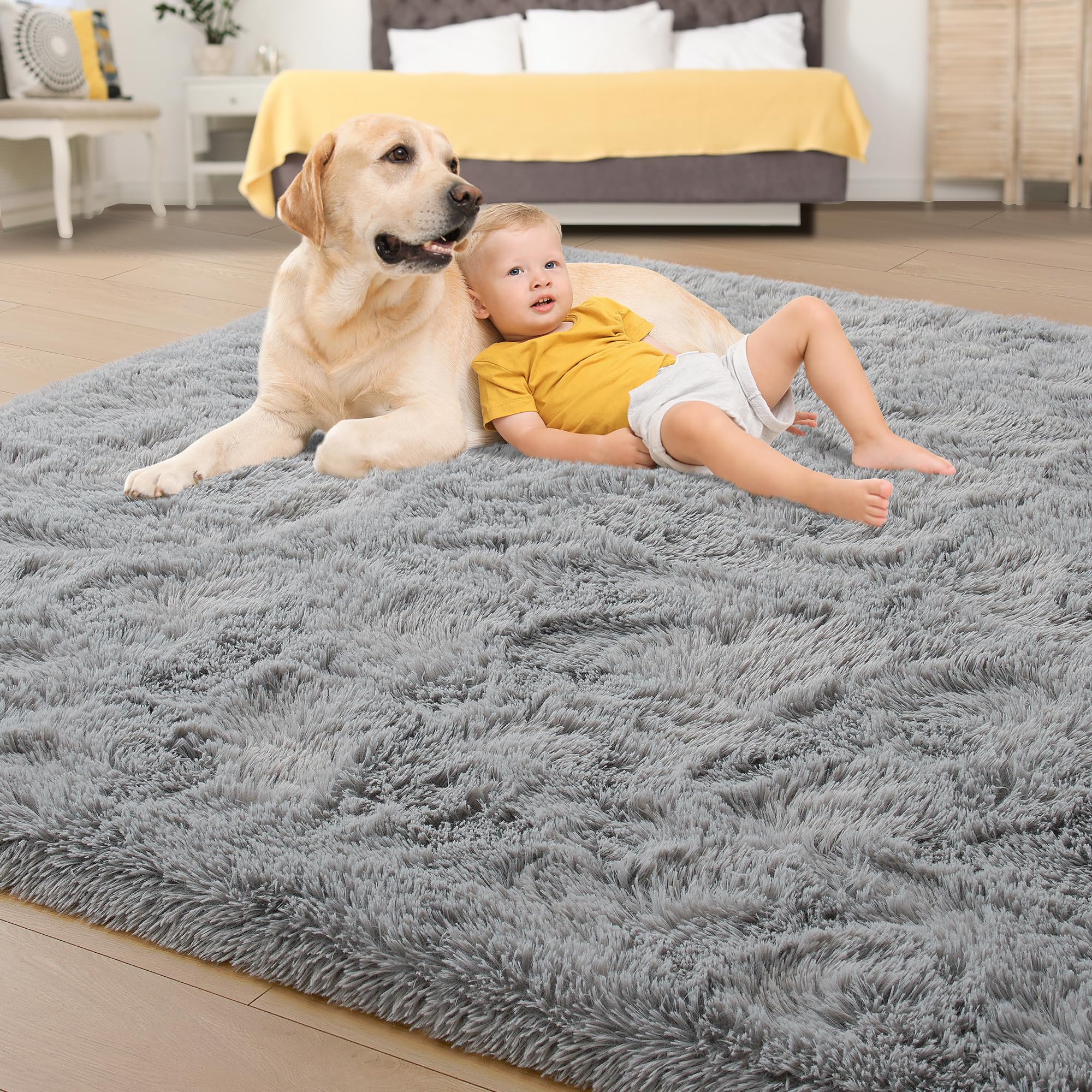 Tepook Fluffy Large Rugs for Living Room, Shag Area Rug 6x9 Soft Carpet for Bedroom, Modern Shaggy Rug for Kids Boys Girls, Plush Indoor Nursery Home Decor Rug with Non-Slip Bottom, Grey, 6 X 9 Feet