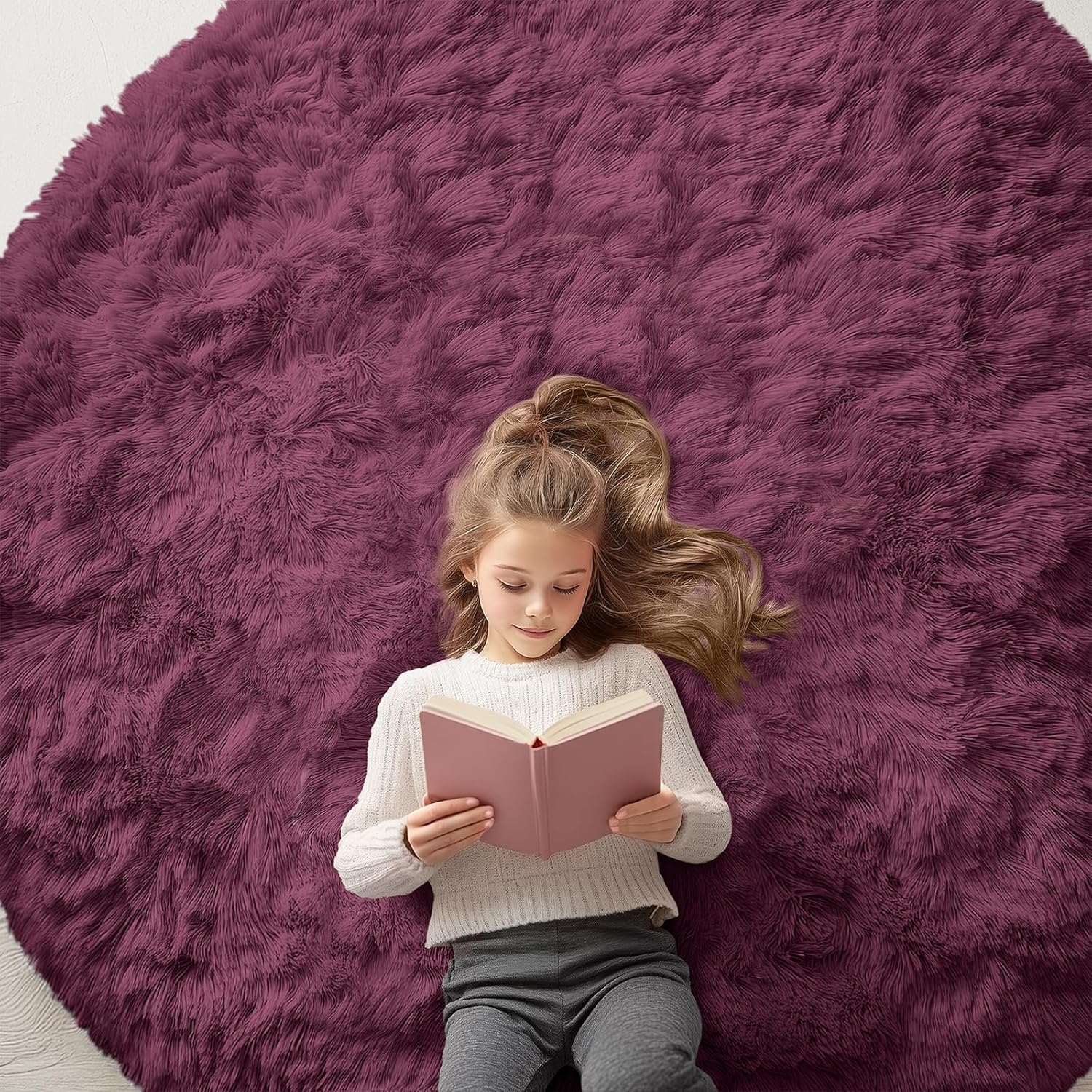OLANLY Round Burgundy Area Rug - Soft, Fluffy, Machine Washable 6 ft Circle Carpet for Bedrooms & Living Rooms