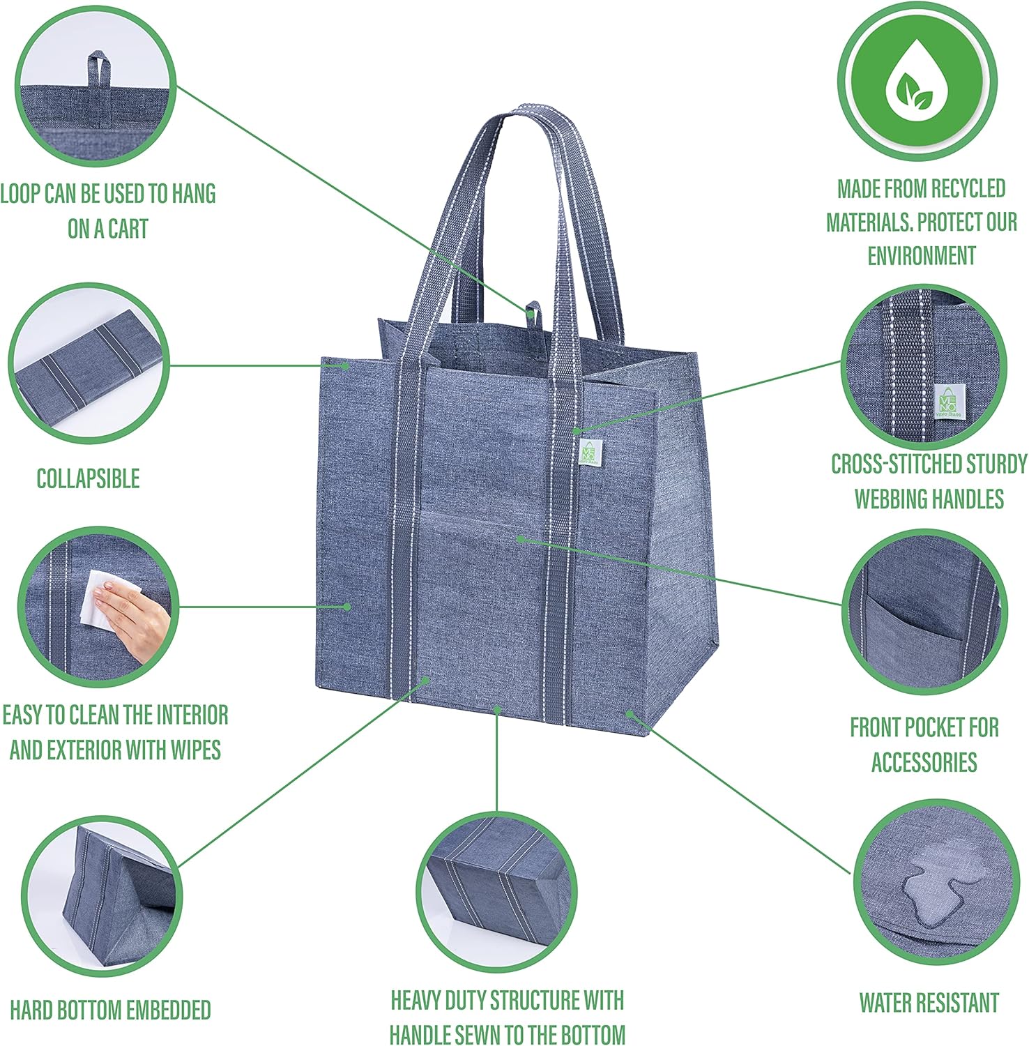 VENO Reusable Grocery Bags - Heavy-Duty Shopping Bags with Handles | Foldable & Upright Design (Gray, 4 Pack)