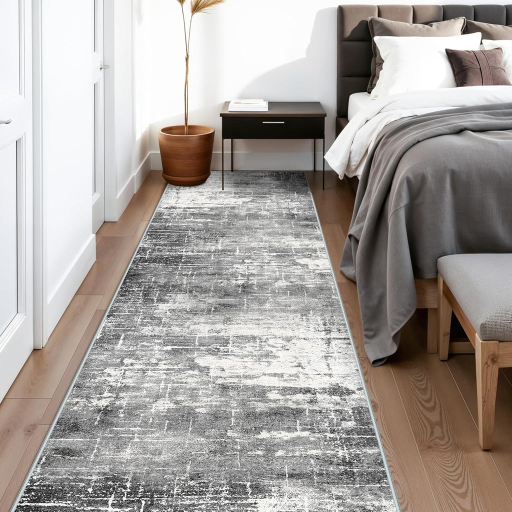 Skiennix Washable 12ft Kitchen Area Rug - Soft Non-Slip Abstract Runner for Living Room | Black/Grey (2'6"x12')