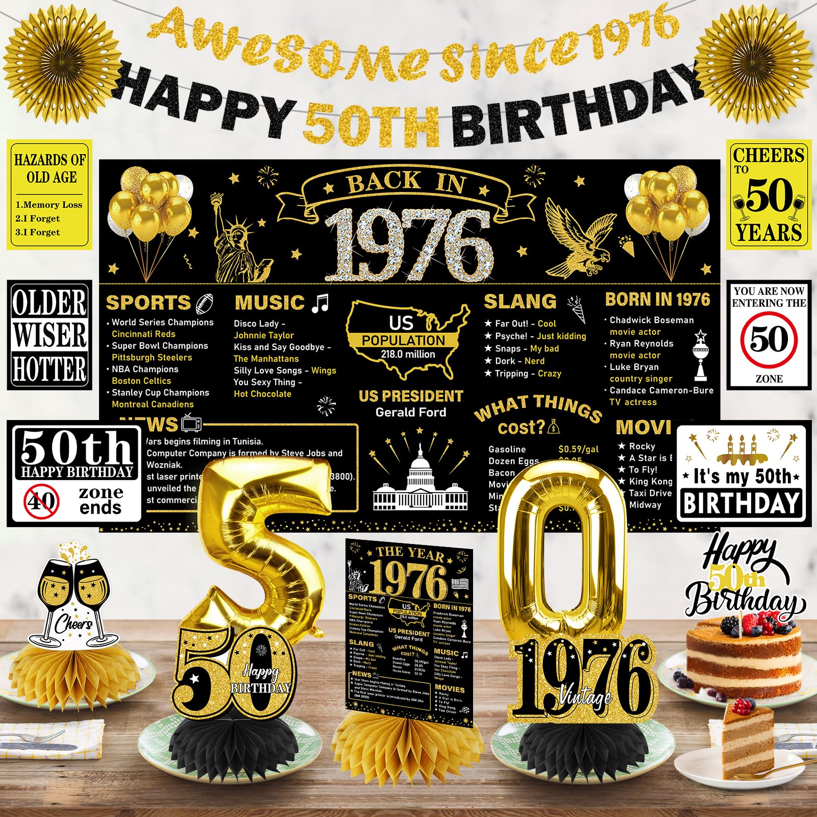 Turypaty 1976 50th Birthday Decorations for Men Women, Black Gold Happy 50 Years Old Birthday Banner Backdrop Wall Sign Balloons Sash Table Cake Topper Honeycomb Centerpieces Paper Fans Party Supplies