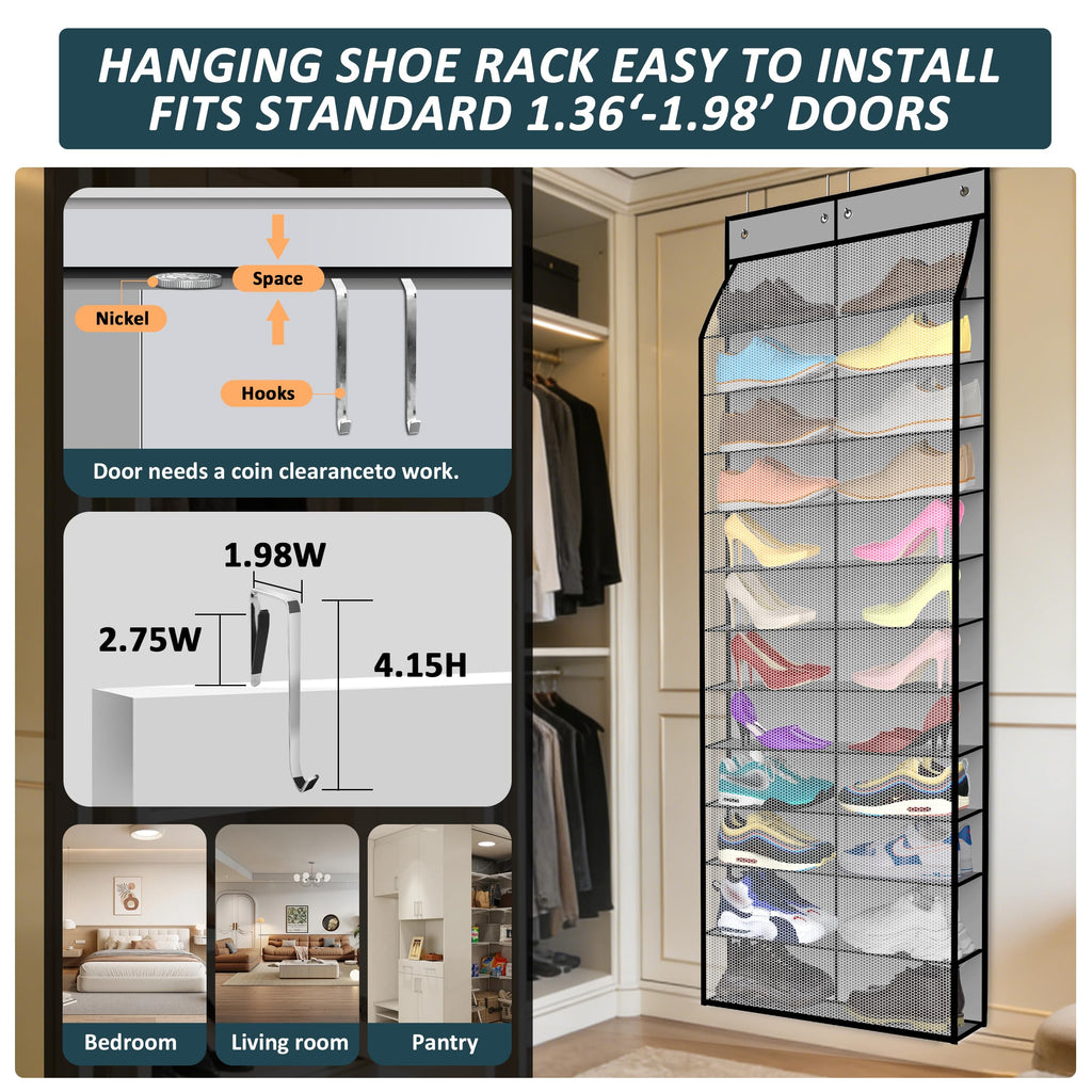 Kotkn 24-Pair Over Door Shoe Organizer for Family & Kids, Double Sided | Hanging Storage for Sneakers, Boots, Toys & Room Organization-Graphite Gray