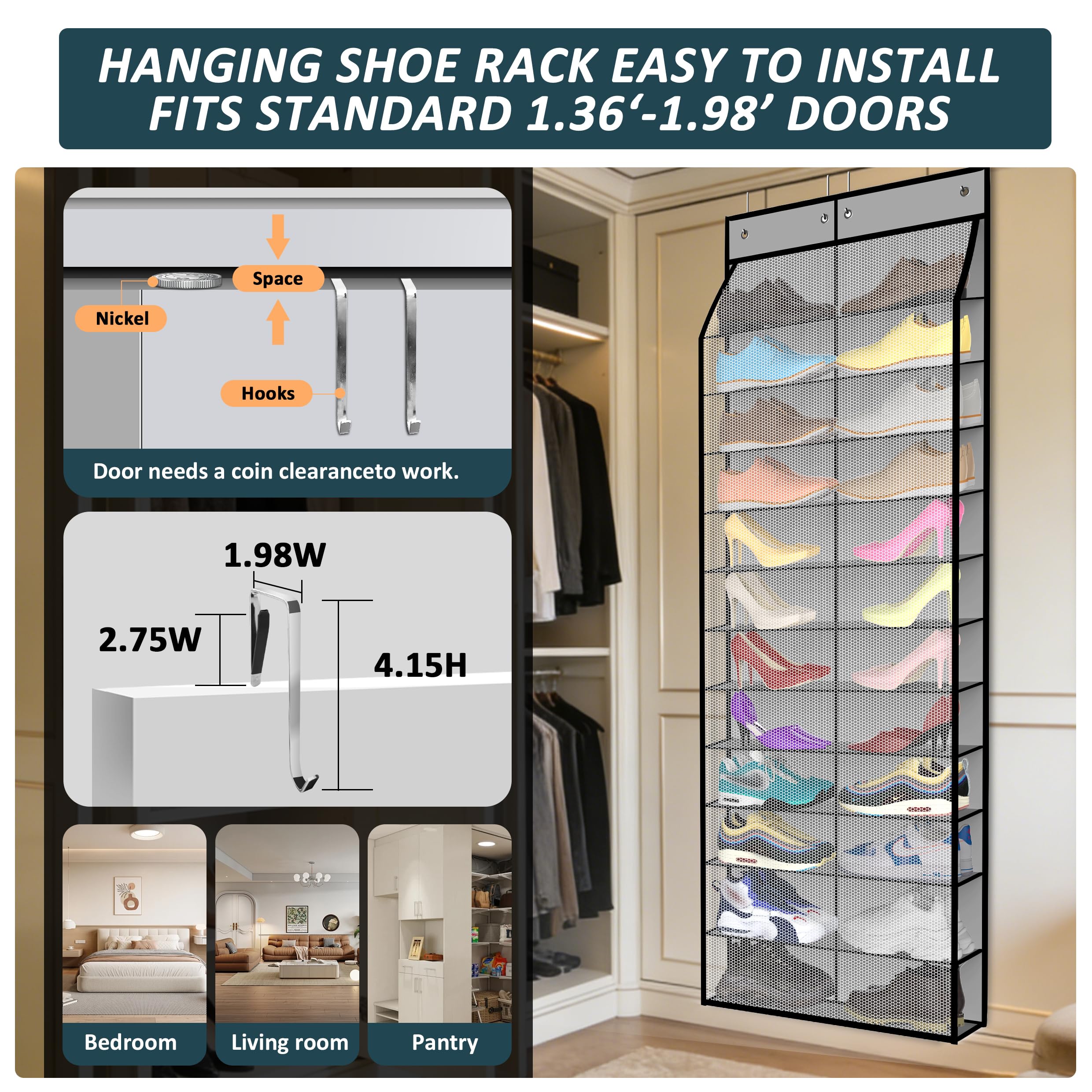 Kotkn 24-Pair Over Door Shoe Organizer for Family & Kids, Double Sided | Hanging Storage for Sneakers, Boots, Toys & Room Organization-Graphite Gray