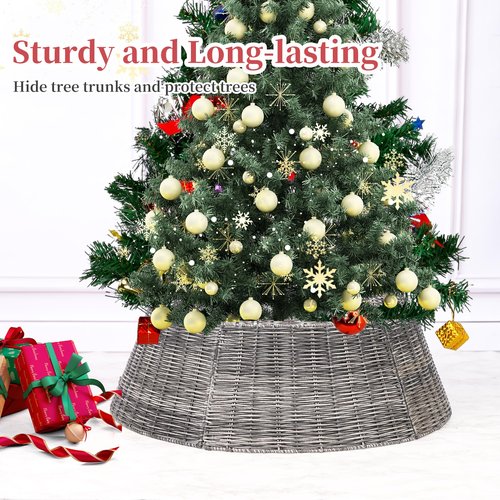 Vencer 26.5''Christmas Tree Collar, Plastic Rattan Xmas Tree Skirt,Rustic Decorations,Tree Skirt Base for Christmas Tree Decorations,Grey,VTO-039