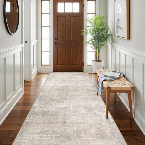 Hallway 4x10 Washable Runner Rug - Stain Resistant Abstract Design | Soft Non-Slip Carpet for Kitchen, Entryway, and Living Room (Beige/Cream)