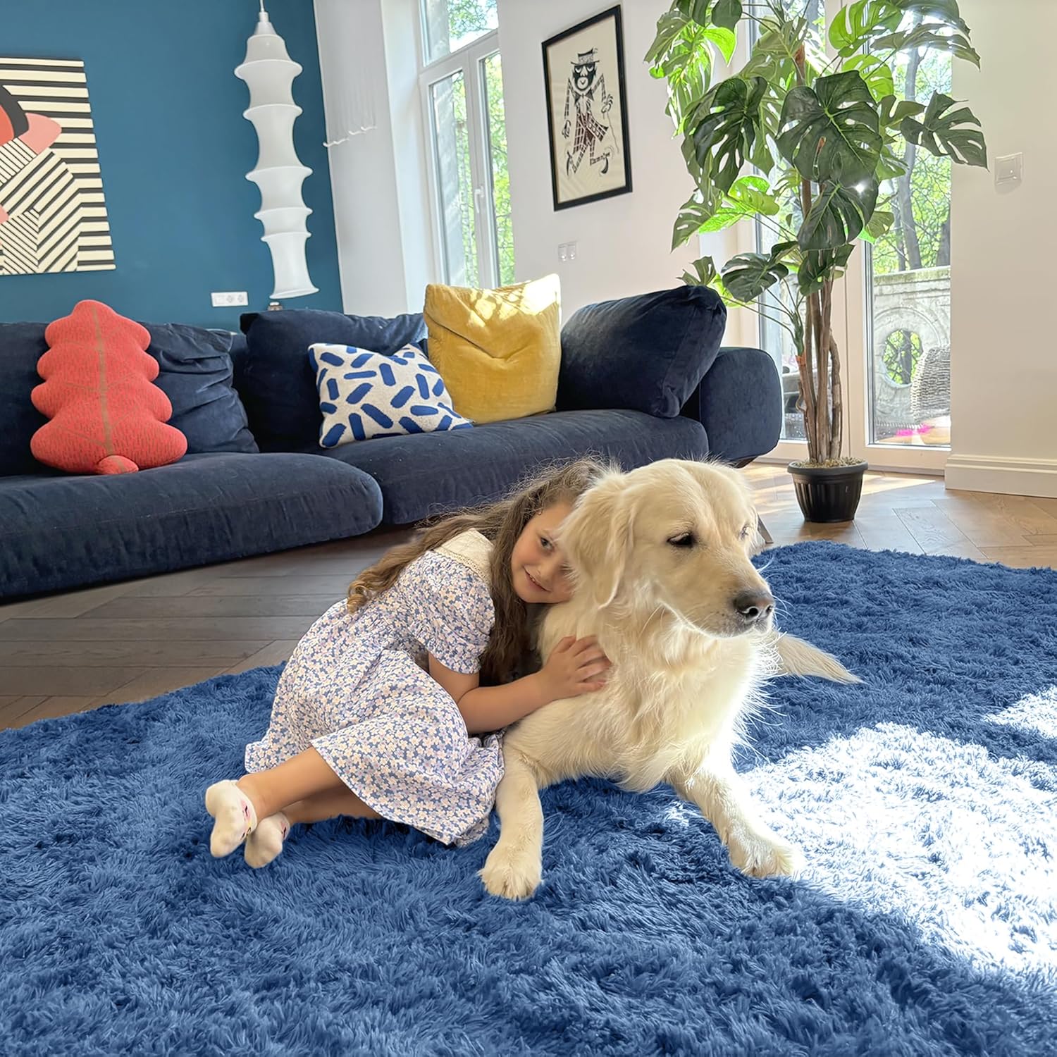 OLANLY Soft Fluffy 3x5 Machine Washable Bedside Rug - Perfect for Kids' Rooms & Home Decor | Blue