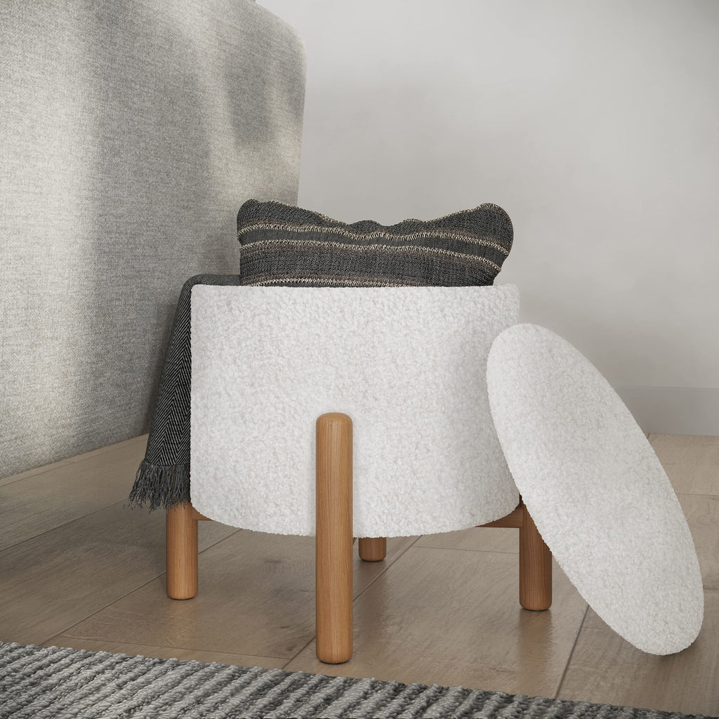 Round Sherpa Storage Ottoman Pouf with Removable Lid – Plush Couch Footrest & Hidden Organizer for Small Spaces, Dorm or Living Room by Lavish Home (White)