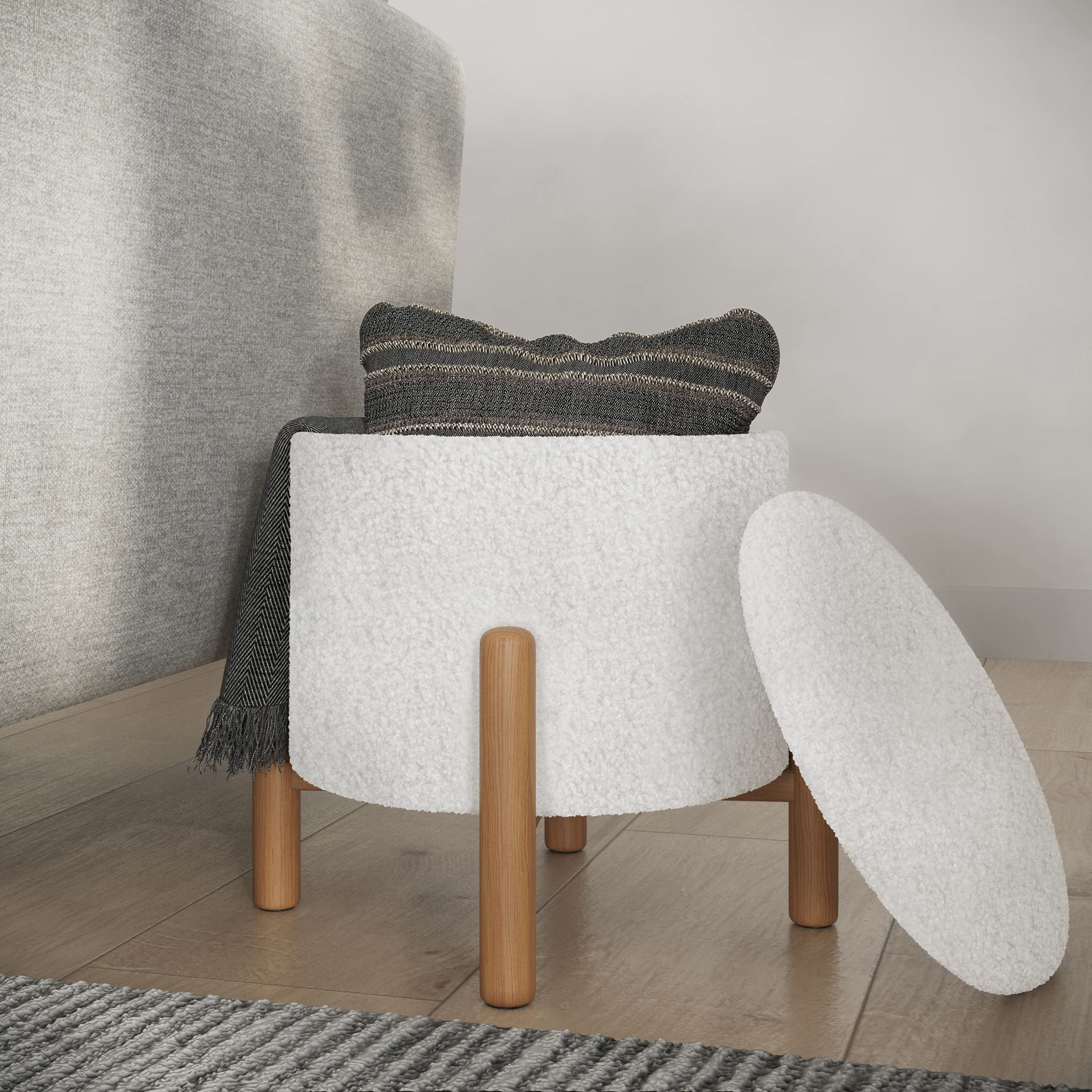 Round Sherpa Storage Ottoman Pouf with Removable Lid – Plush Couch Footrest & Hidden Organizer for Small Spaces, Dorm or Living Room by Lavish Home (White)