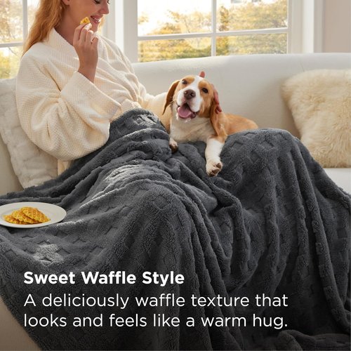 Bedsure Waffle Throw Blanket - Cozy Dark Grey Fluffy Fleece Blanket for Couch | 50x60 Inches