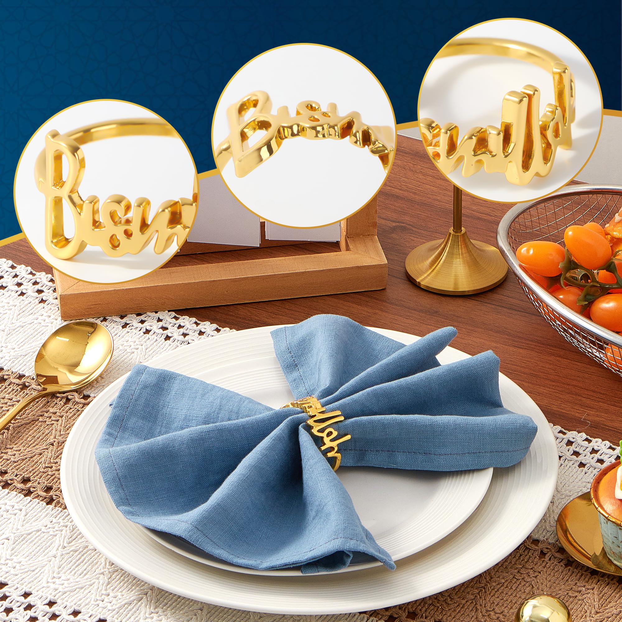 APTWOW Bismillah Letter Napkin Rings Set of 6 - Gold Metal Eid Mubarak Napkin Holder, Ramadan Napkin Rings for Ramadan Banquet Party Dining Table Decor