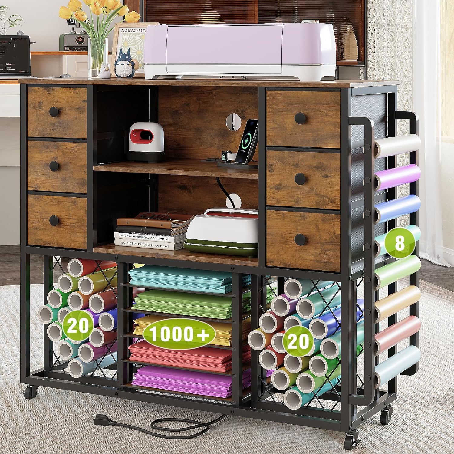 VENNQD Craft Cart - Cricut Machine Compatible Table with Charging Station & 48 Vinyl Roll Holders | Rustic Brown