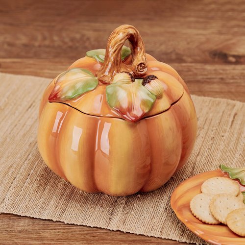 Fitz and Floyd Fall Harvest Pumpkin Cookie Jar Ceramic Figurine, 8 inch