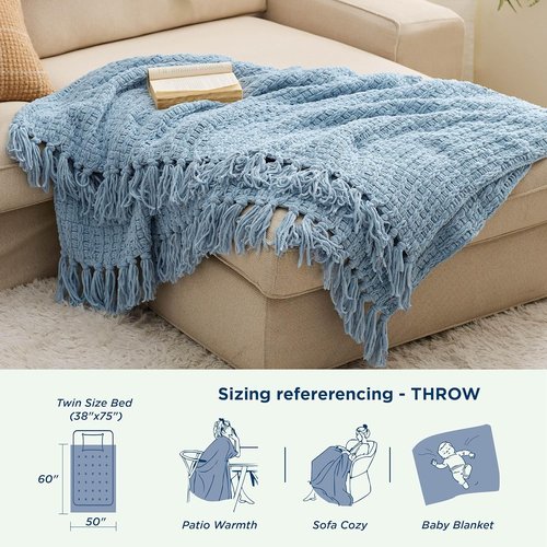 Bedsure Blue Throw Blanket - Super Soft Textured Chunky Knit Chenille | 50x60 Inches for Cozy Living Room Decor