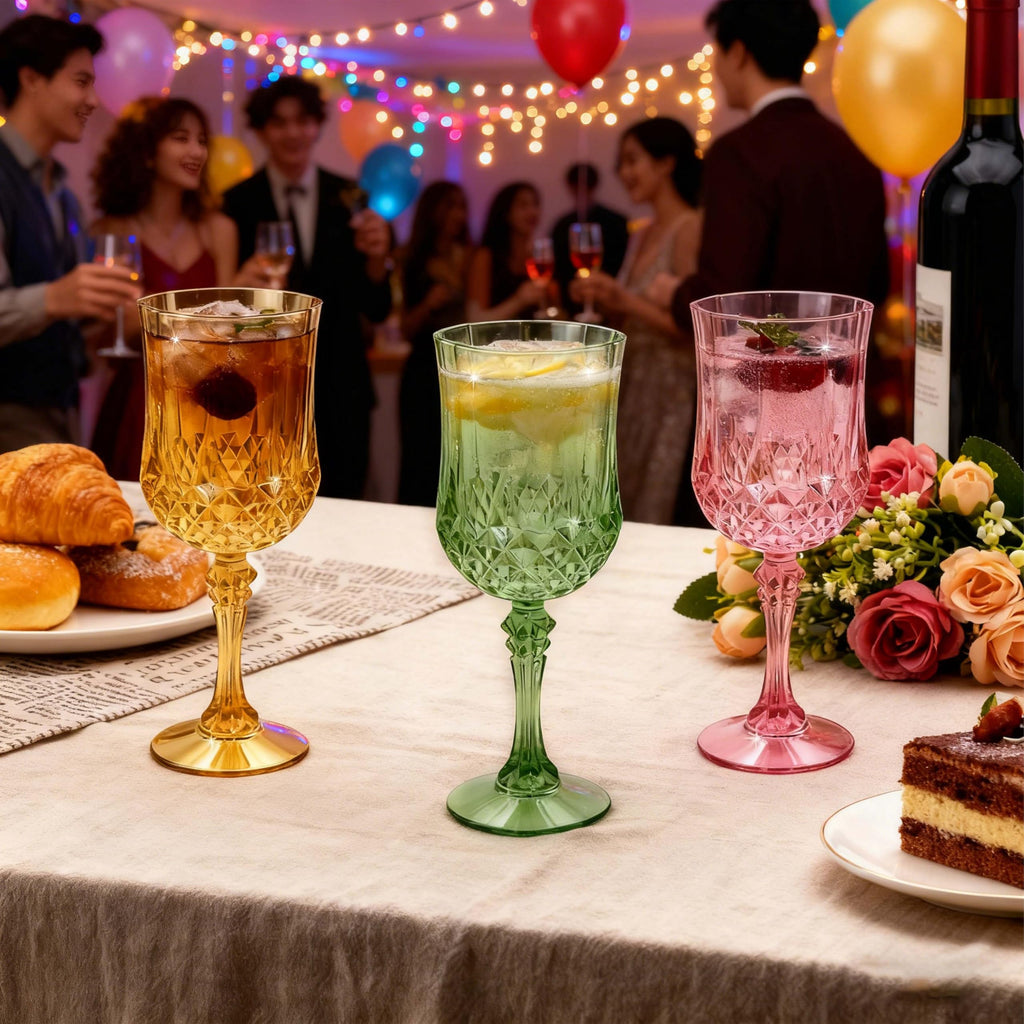 JUSONEY 7oz Vintage-Inspired Plastic Wine Glasses | 48-Piece Crystal Textured Plastic Goblets，Disposable Wine Glasses for Weddings, Parties & Elegant Events(48-Pink)