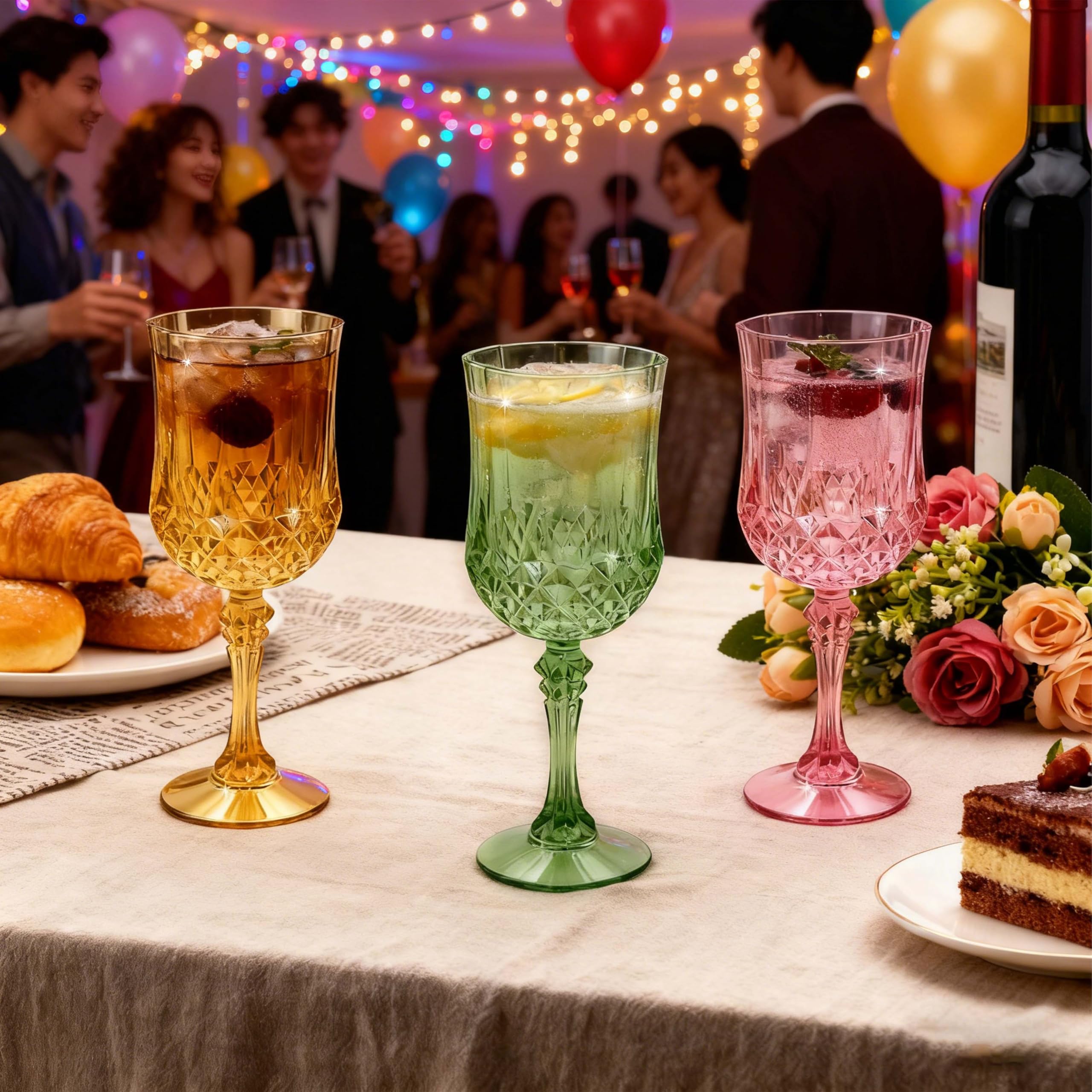 JUSONEY 7oz Vintage-Inspired Plastic Wine Glasses | 48-Piece Crystal Textured Plastic Goblets，Disposable Wine Glasses for Weddings, Parties & Elegant Events(48-Pink)