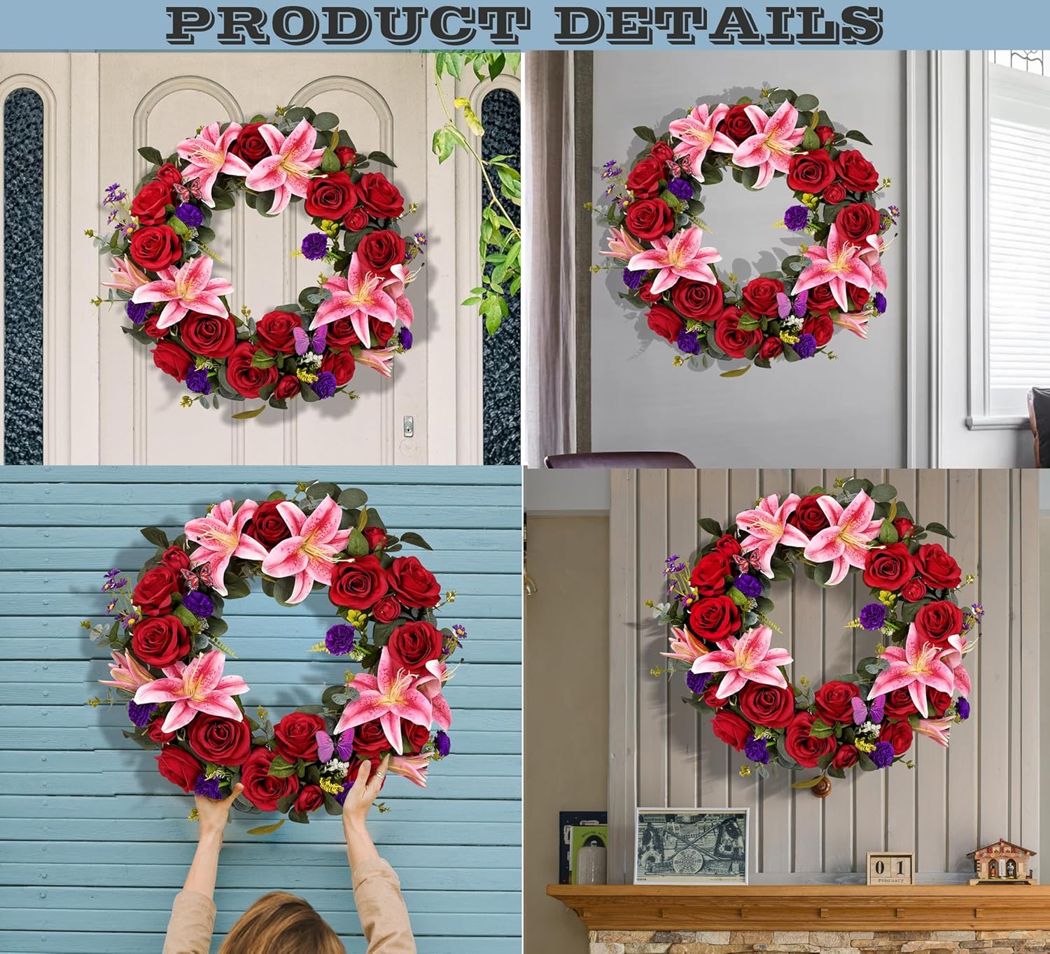Regine Switzerland Cemetery Wreath - Handmade Floral Arrangement with 30-Inch Easel Stand | Red & Pink Roses, Lilies, Daisies, and Carnations