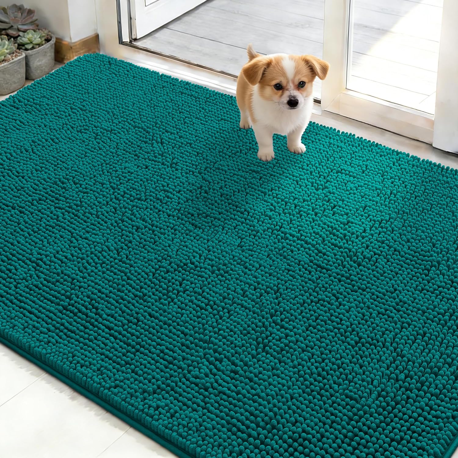 OLANLY Dog Door Mat - Absorbent Non-Slip Washable Doormat for Muddy Paws | 48x30, Lake Blue
