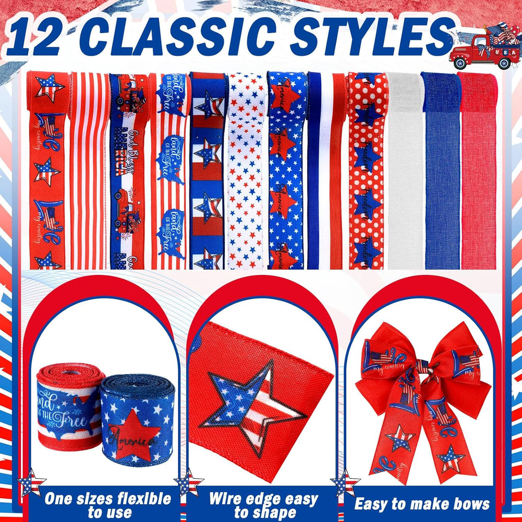 Skiennix Memorial Day Ribbon - 12 Rolls of 60 Yards Stars & Stripes Burlap Wired Edge | Patriotic Crafting