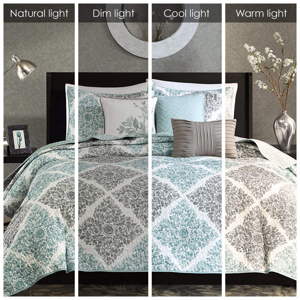 Madison Park Claire Quilt Modern Design - All Season, Breathable Coverlet Lightweight Bedding Set, Matching Shams, Decorative Pillow, Full/Queen (90 in x 90 in), Diamond Aqua 6 Piece