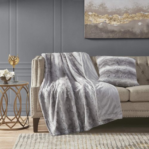 Madison Park Zuri Faux Fur Ombre Stripe Ultra Soft Luxury Decorative Throw Pillows, For Couch Bed With Insert, 20" x 20", Grey