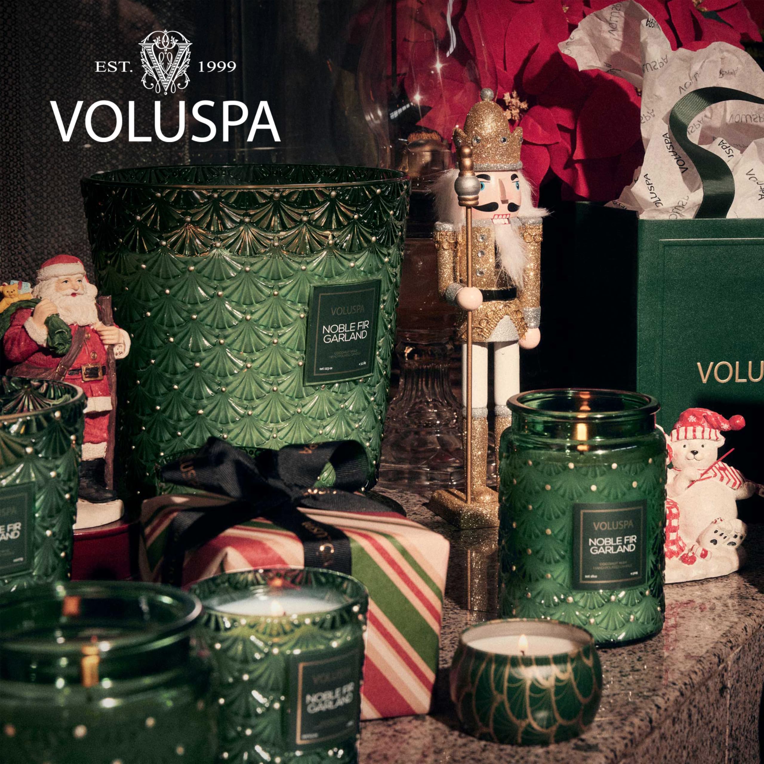 Voluspa Noble Fir Garland Boxed Candle, 6.5 oz, Coconut Wax Blend, Scented Candles for Home, 40 Hour Burn Time, Handcrafted in the USA