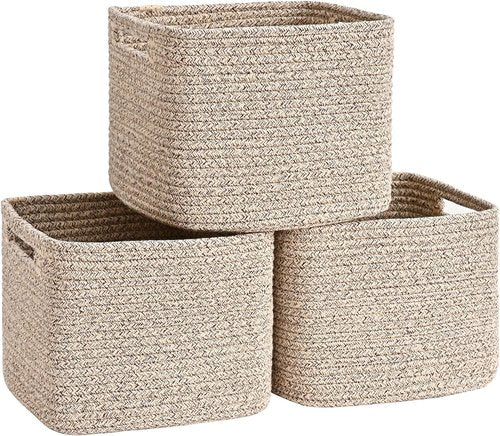 **Jute 3-Pack Cube Storage Bins - 9”x9”x7” Cotton Rope Baskets for Organizing Toys, Clothes & More**