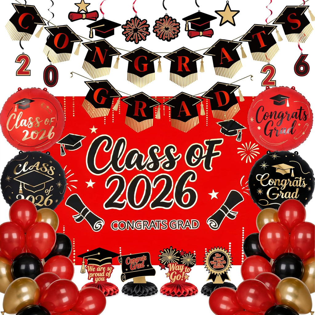 PartyWoo Graduation Decorations - Class of 2026 Supplies Set with Red Backdrop & Balloons | 40pcs
