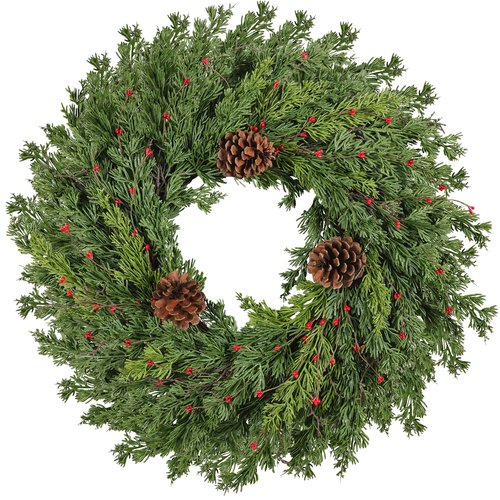 Real Touch Pine Christmas Wreath 24 Inch Christmas Wreaths for Front Door Winter Wreath Artificial Green Wreaths Outdoor Christmas Decorations Indoor Outside Window Home Holiday Thanksgiving