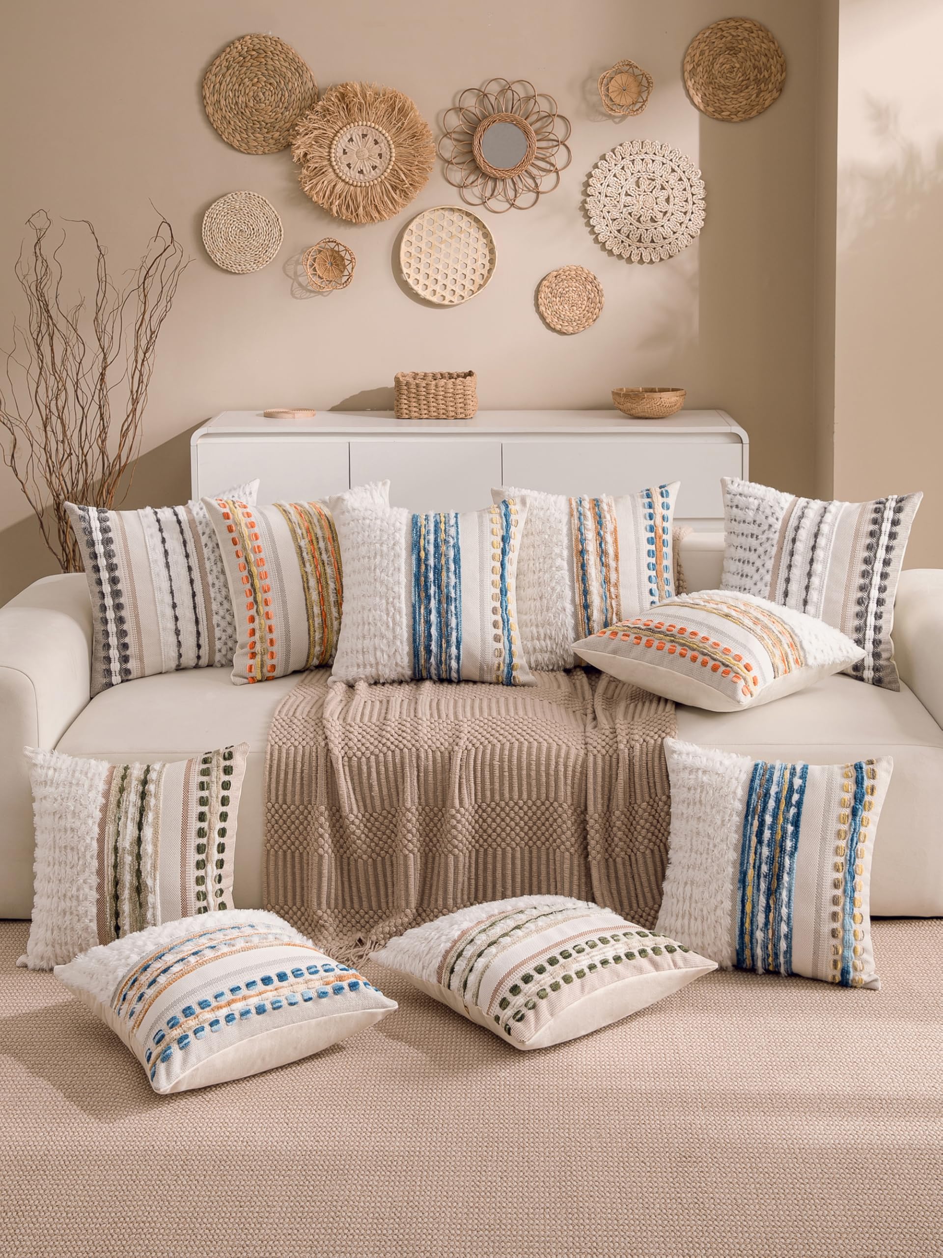 KOOLIFE Boho Chenille Tufted Couch Throw Pillow Covers 18x18 Inch Set of 2 Farmhouse Striped Decorative Pillow Covers Accent Neutral Square Pillowcase Green Cushion Covers for Livingroom Sofa Bed