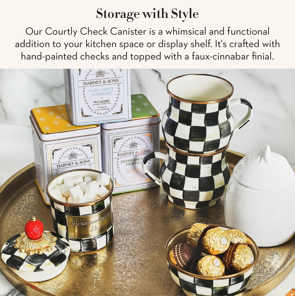 MACKENZIE-CHILDS Courtly Check Enamel Canister, Black-and-White Kitchen Storage Container with Lid, Mini