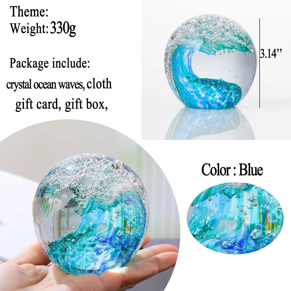 Qianwei Hand Blown Ocean Waves Crystal Ball - Unique Glass Collectible Sphere for Home & Office Decor