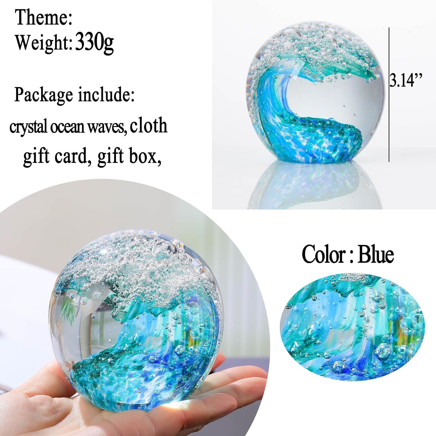 Qianwei Hand Blown Ocean Waves Crystal Ball - Unique Glass Collectible Sphere for Home & Office Decor
