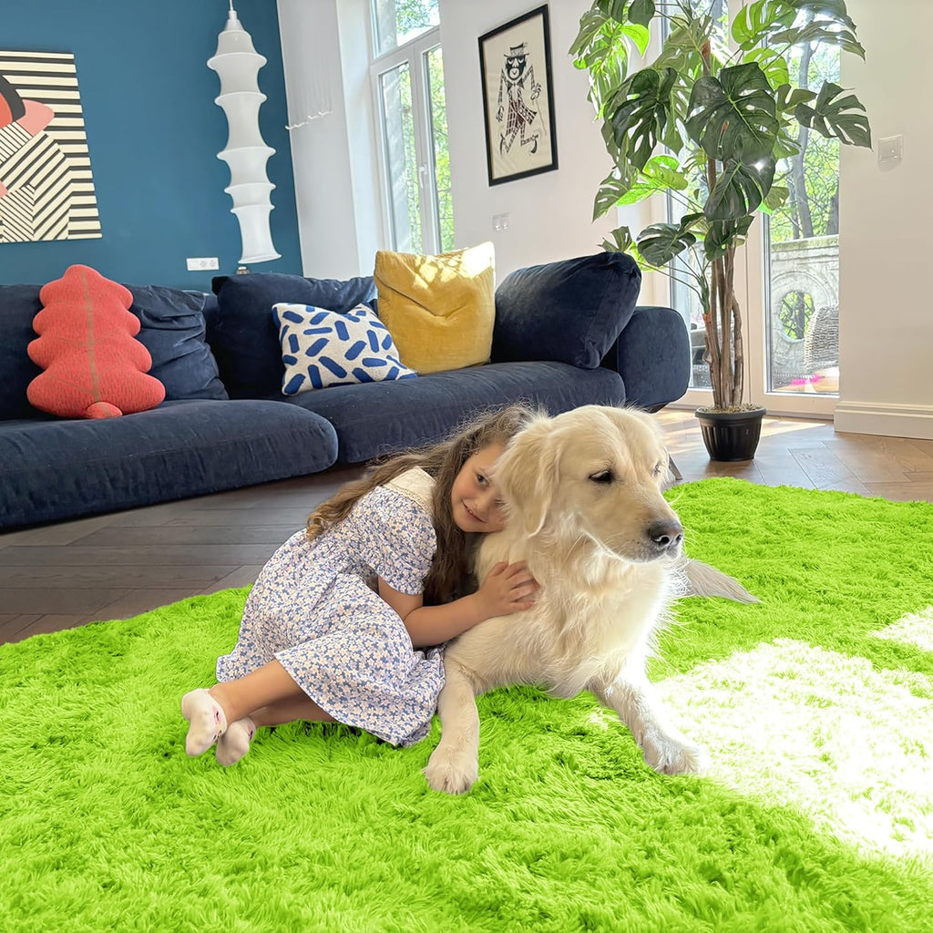 OLANLY Machine Washable 2x6 Runner Rug - Soft Fluffy Shaggy Design for Bedroom & Hallway | Lime Green Home Decor