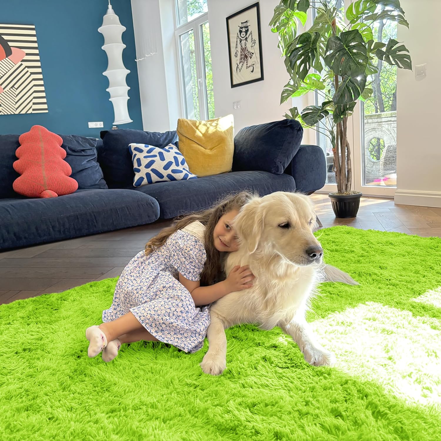 OLANLY Large 5x8 Machine Washable Area Rug - Soft Fluffy Shaggy Indoor Carpet for Living Room & Bedroom | Lime Green
