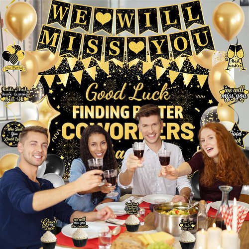 DARUNAXY Black Gold Coworker Farewell Decorations, Good Luck Finding Better Coworkers Than Us Banner We Will Miss You Decor Hanging Swirls Cake Topper for Going Away Goodbye Leaving Party Supplies