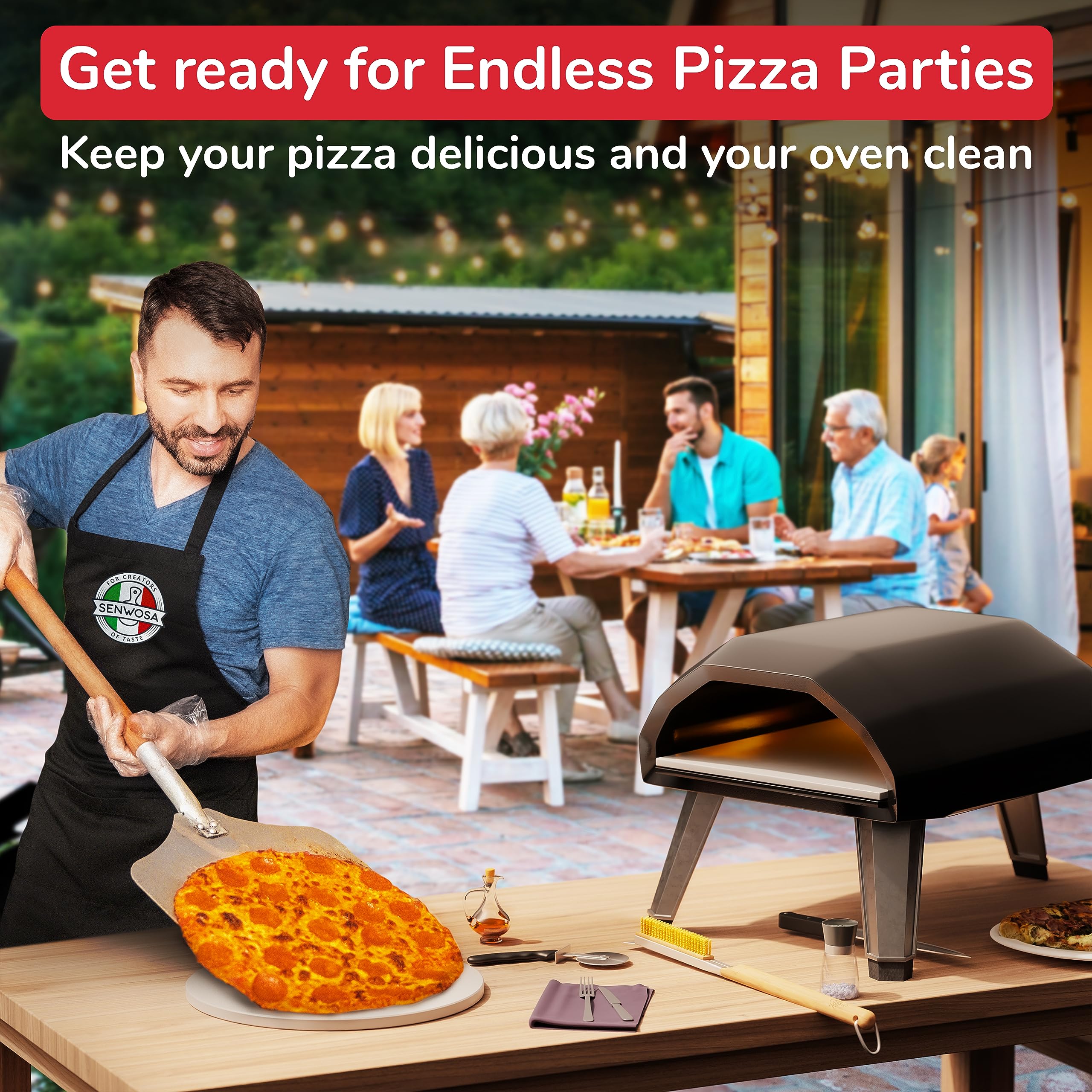 Senwosa Pizza Oven Accessories Set - 3 Piece Pizza Making Kit with Pizza Peel, Pizza Oven & Stone Brush with Scraper, Turning Fork & Bubble Popper - Tools for Indoor Outdoor Brick Wood Gas Ovens
