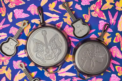 Lodge 10.25 Inch Dolly Parton Pre-Seasoned Cast Iron Stamped Skillet - Signature Teardrop Handle - Use in the Oven, on the Stove, on the Grill, or Over a Campfire, Black