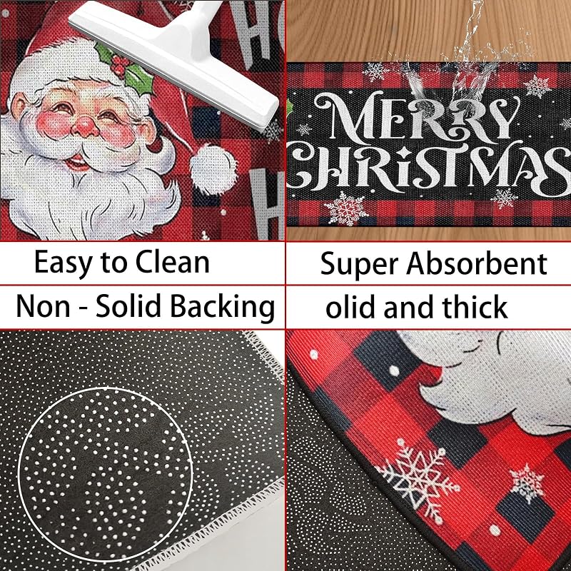 Santa Claus Christmas Kitchen Rugs Set of 2 16x24 & 16x48 Inches Plush Velvet Non-Slip