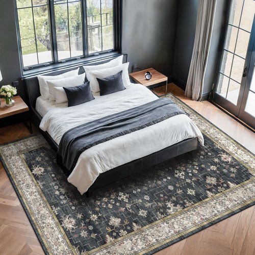 Hazo Haus Washable Black Farmhouse Area Rugs - 7x10 ft, Stain Resistant, Non-Slip for Living Room & Bedroom
