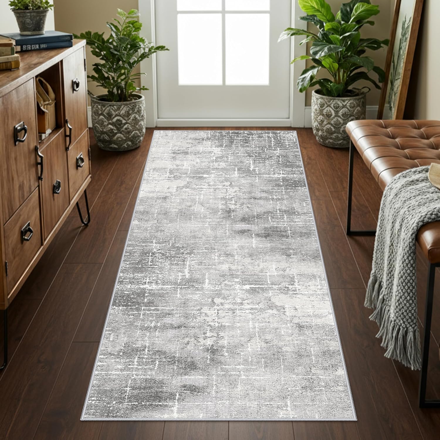 Skiennix Washable Abstract Kitchen Rug - Non-Slip Water-Resistant Runner for Dining & Entryway | 2x6 Light Grey