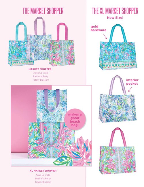 Lilly Pulitzer Blue/Green XL Market Shopper Bag, Oversize Reusable Grocery Tote with Comfortable Shoulder Straps, Aqua La Vista