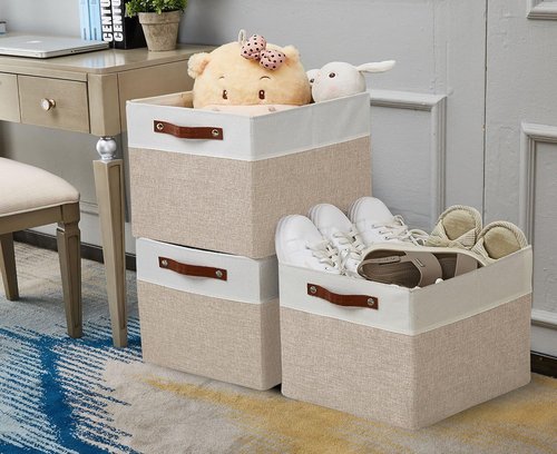 DECOMOMO Kallax Storage Cubes - 13x15x13 Organizing Bins in Beige & White | 3-Pack for Easy Shelving