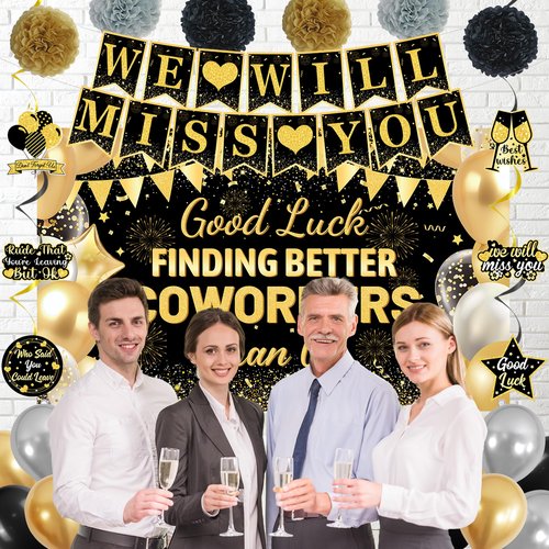 DARUNAXY Black Gold Coworker Farewell Decorations, Good Luck Finding Better Coworkers Than Us Banner We Will Miss You Decor Hanging Swirls Cake Topper for Going Away Goodbye Leaving Party Supplies