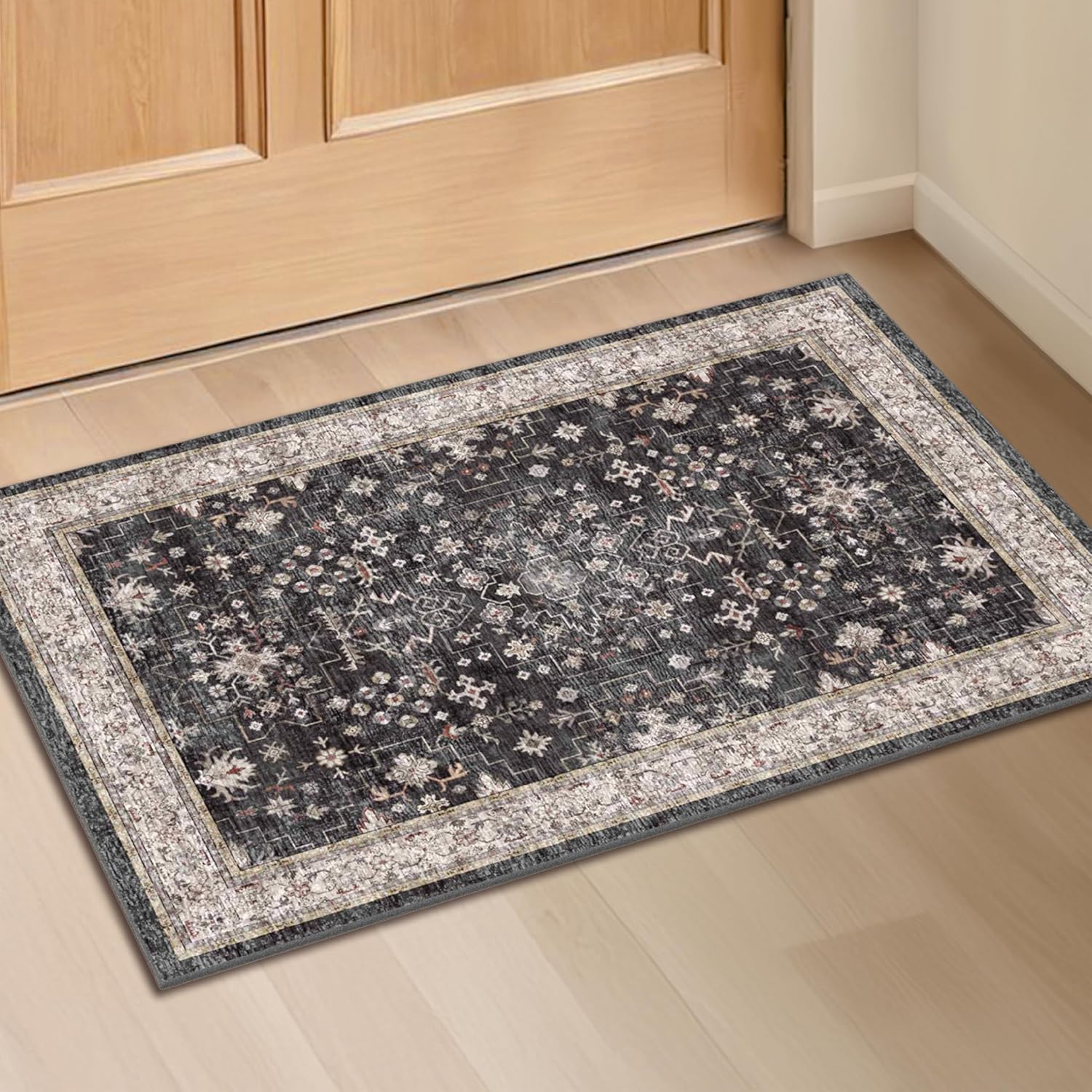 Skiennix Black Washable Entry Rug - Non-Slip Rubber Backing, Stain & Fade Resistant | 2x3 Size for Kitchen & Bathroom