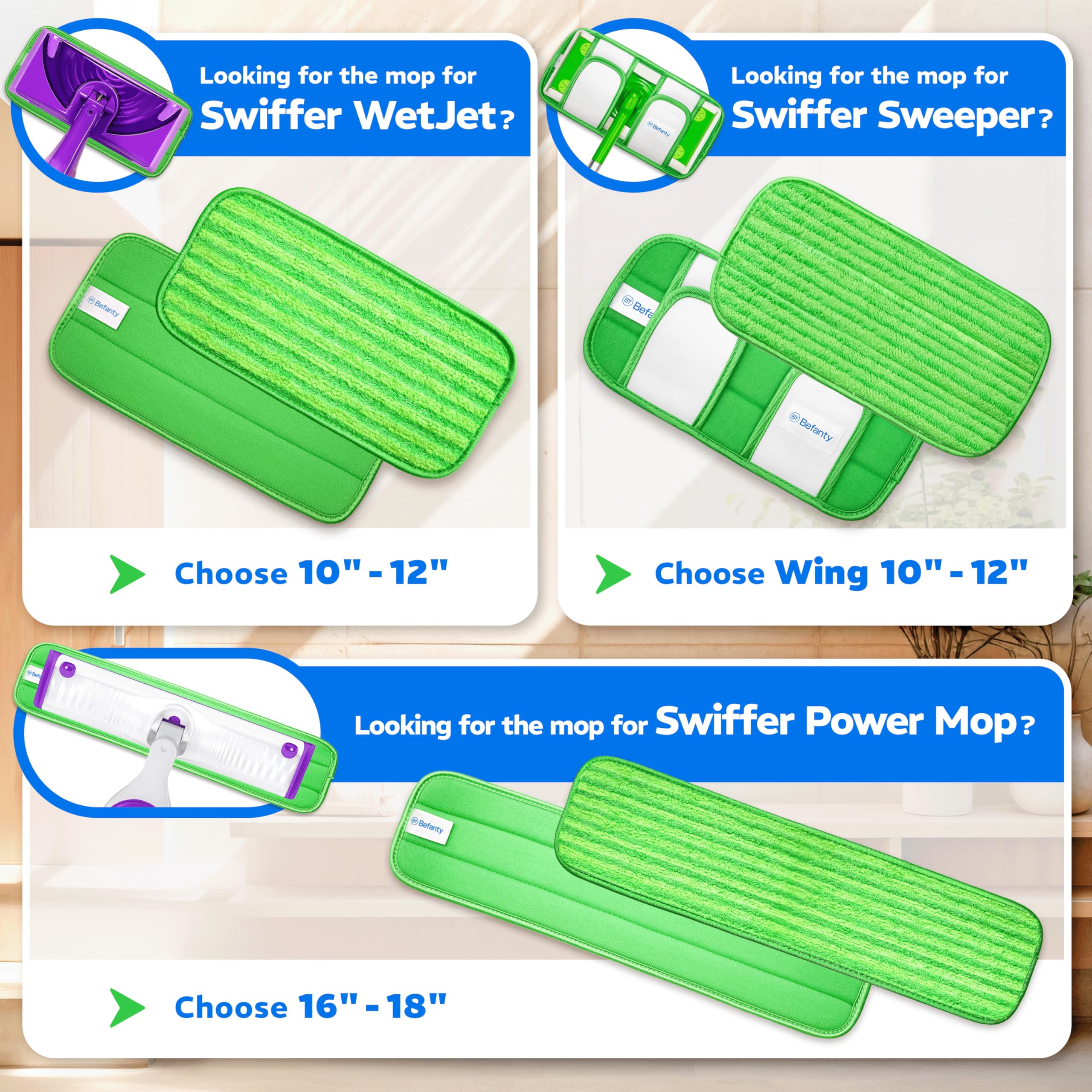 Befanty 4 Pack Reusable Microfiber Mop Pads, Compatible with Swiffer Sweeper, Machine Washable Cloths, Scraper Included, Refills for All Floor Cleaning, Hook and Loop, Wet Dry - 10"- 12"