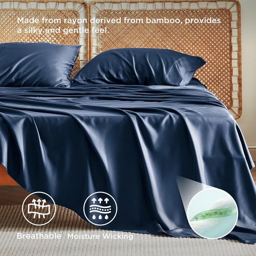 Bedsure Queen Sheet Set - Cooling Rayon Bamboo Sheets | Breathable, Soft & Deep Pocket Up to 16 Inches - Navy